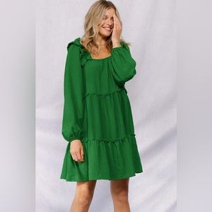 Oddy Green Ruffle square Neck long sleeved Tiered Mini Dress medium